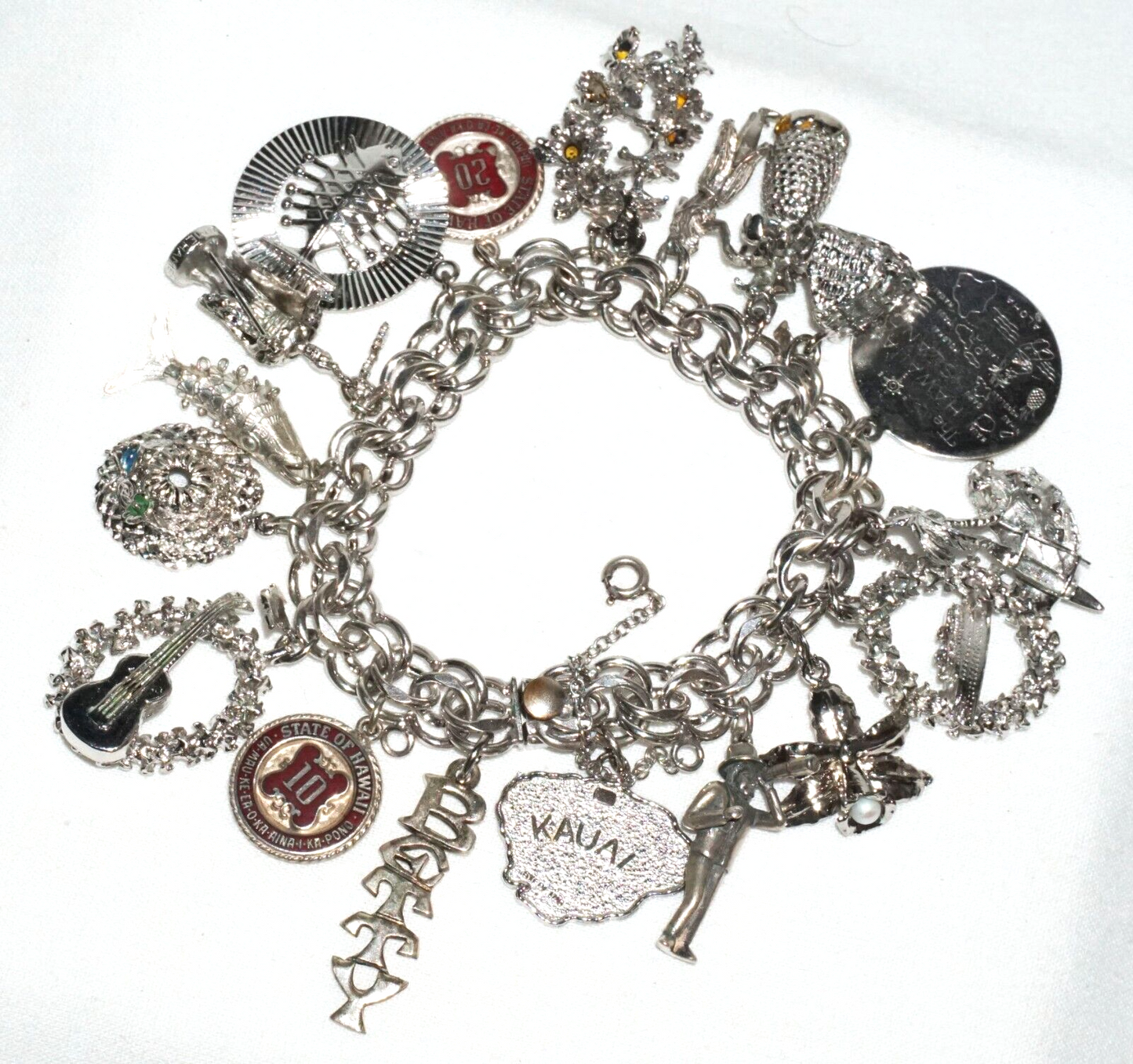 Vintage Sterling Silver Charm Bracelet w. 18x Hawaii Themed Charms (BrM)#6