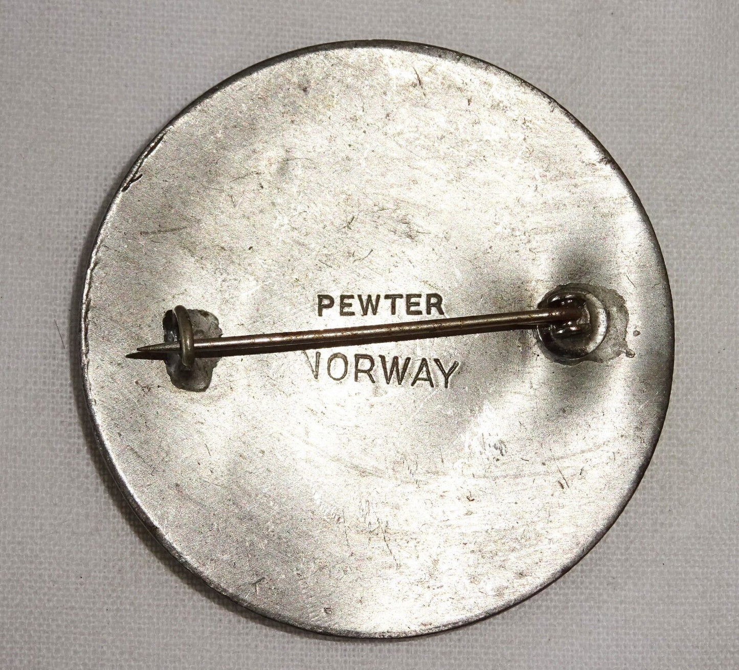 Vintage Norway Pewter Circular Brooch Pin w. Star & Curvilinear Motifs (***)
