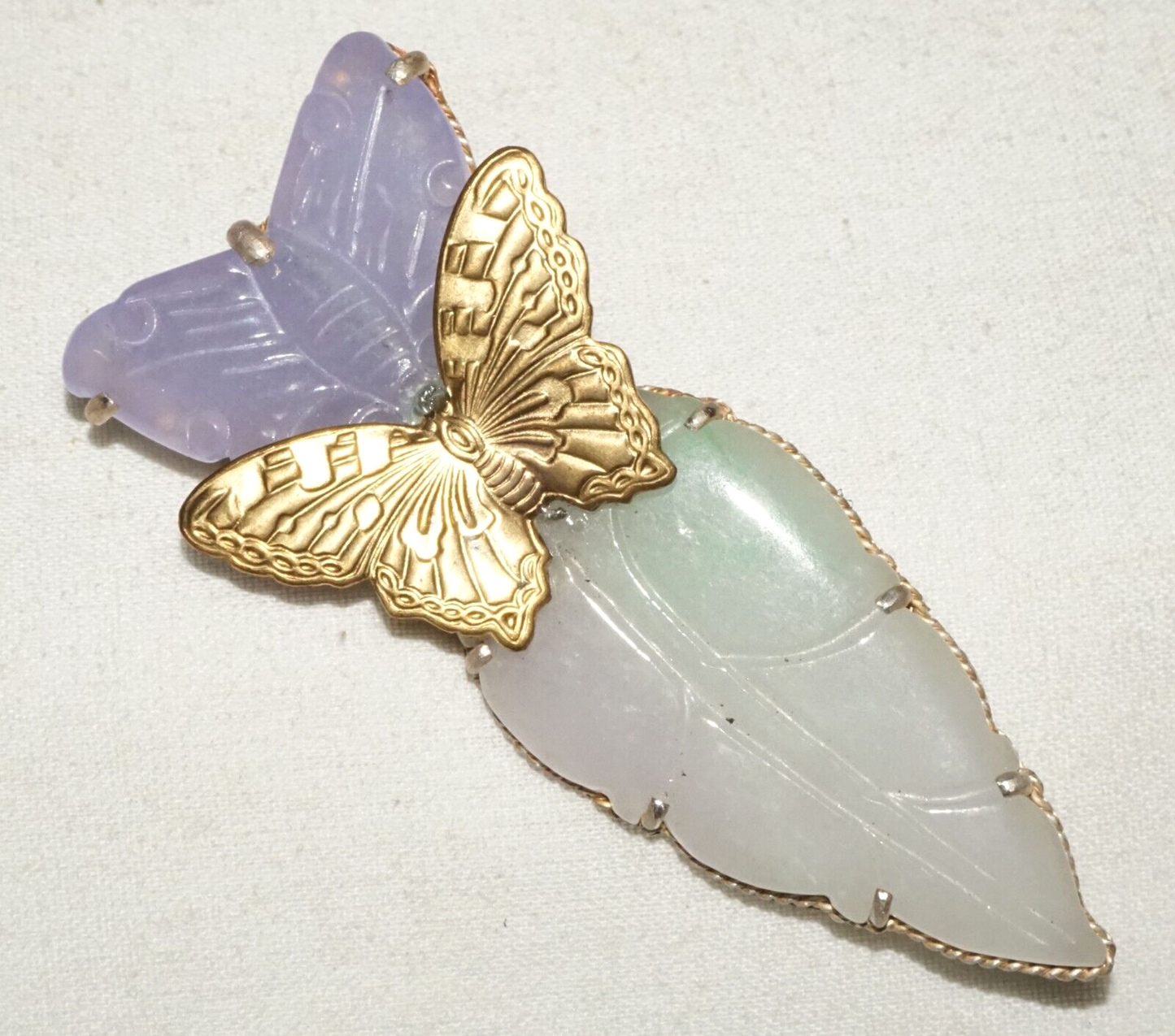 Vintage Chinese Fashion Lavender Jade Butterfly & Leaf Brooch Pendant (LeP)