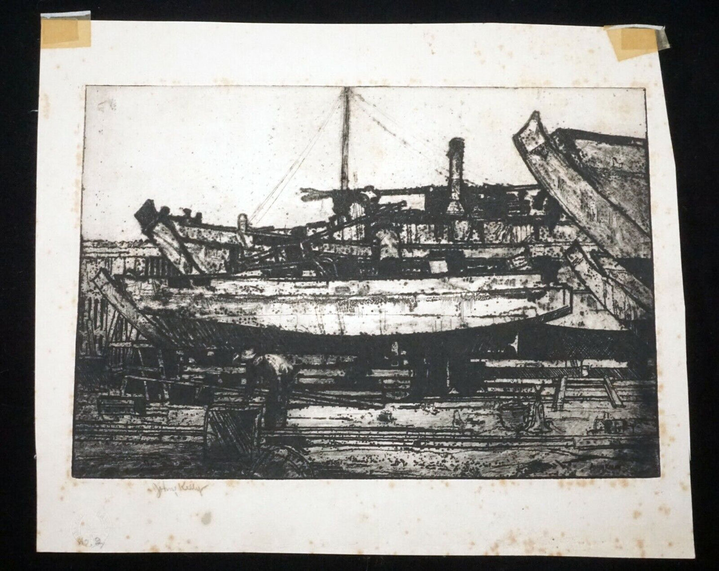 30s Hawaii Etching Print Dry Dock Boats by John Melville Kelly (1879-1962)(Kel)