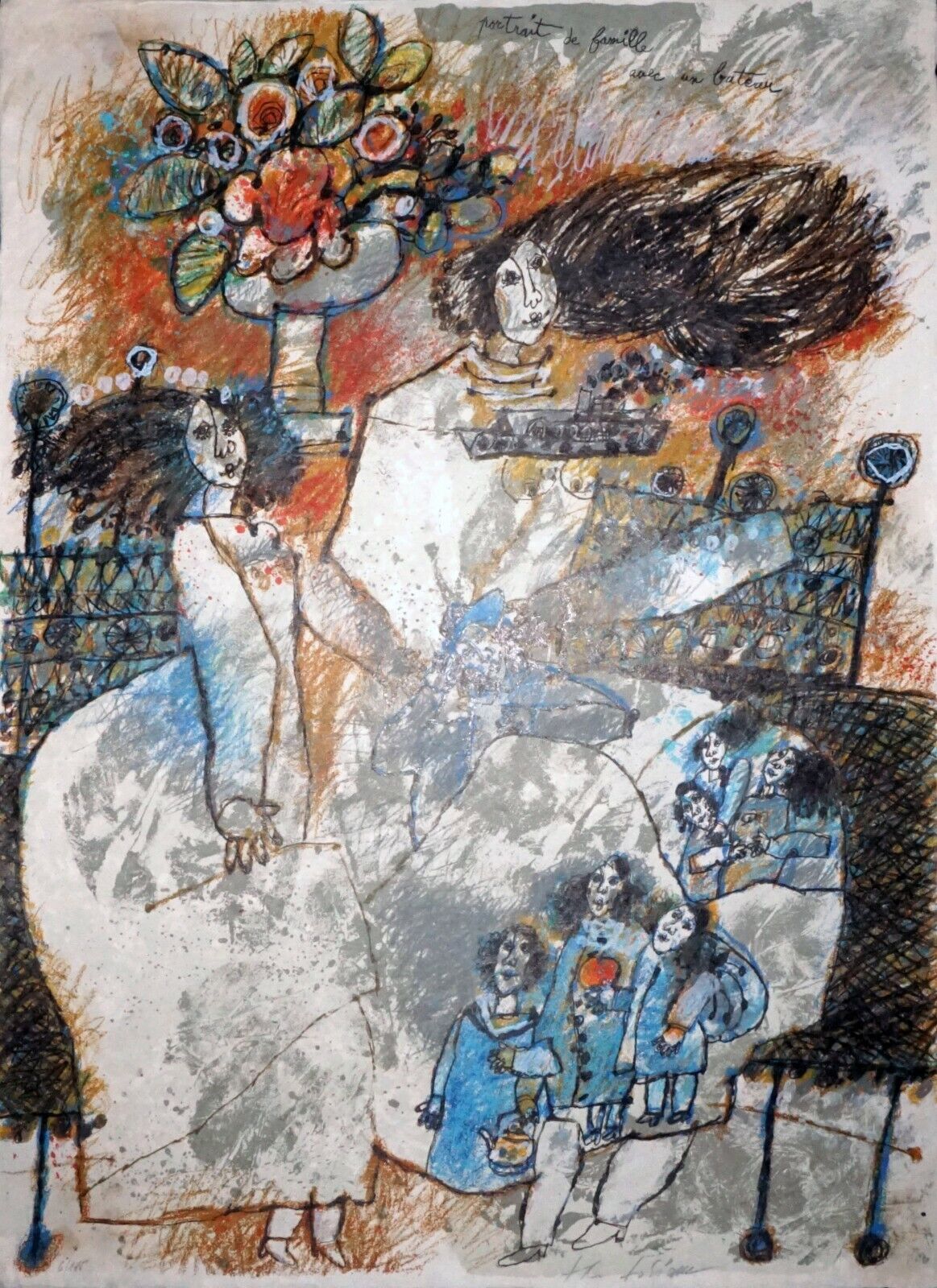 '78 French Print 6/175 Portrait de Famille Avec un Bateau by Theo Tobiasse (NoN)