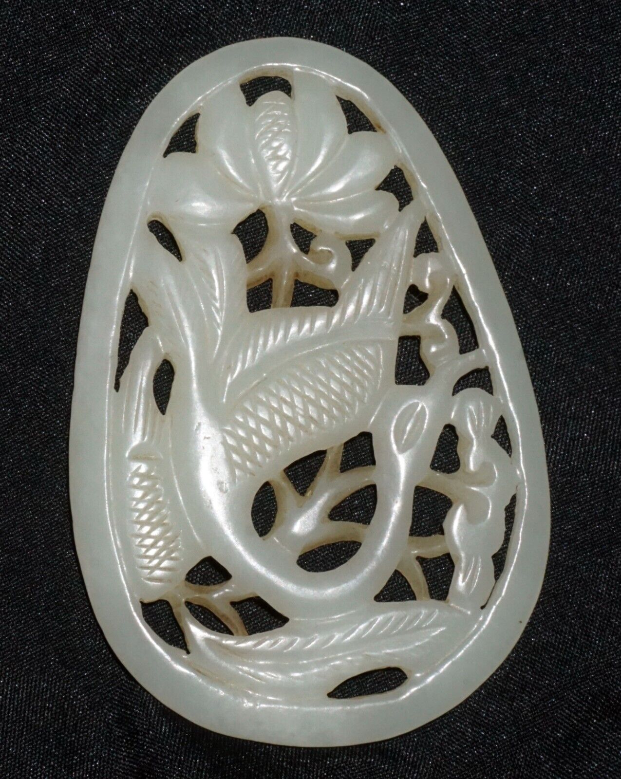 Antique Chinese Nephrite Jade Pierced Pendant Crane & Floral Motifs (---)