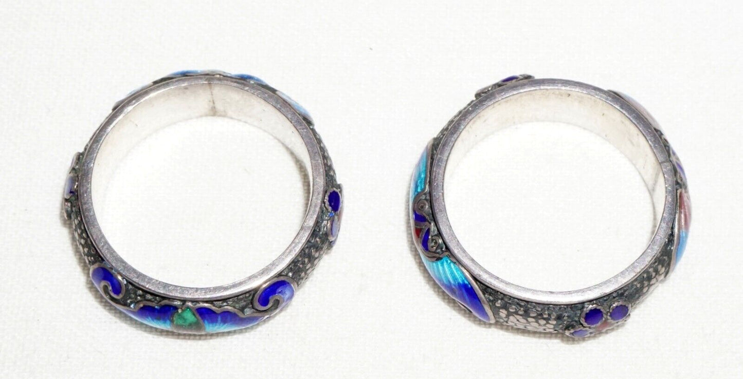 2Pc Chinese Silver & Multicolor Enamel Rings Sz.5 w. Bat Motifs (---)