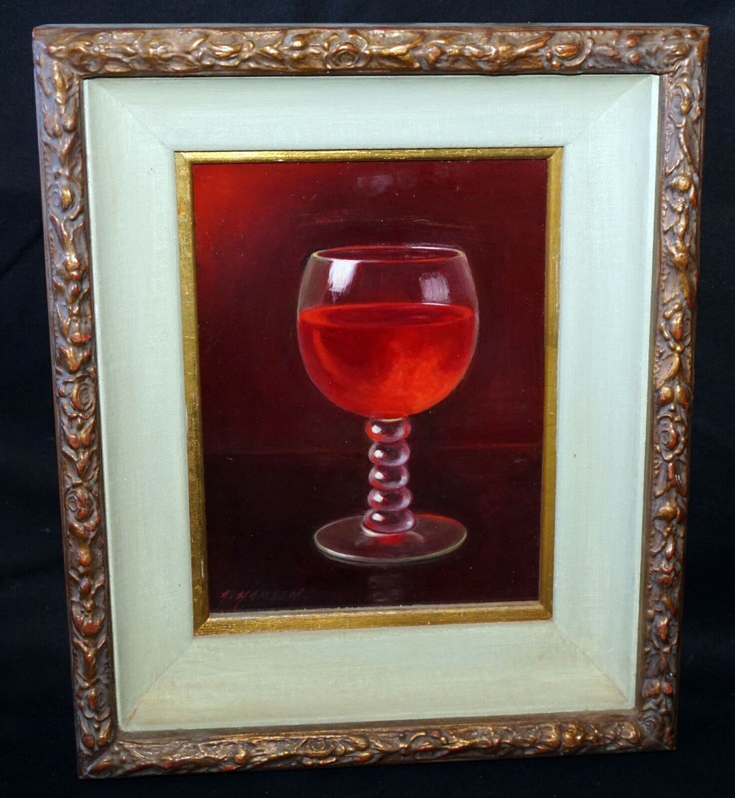 Vintage US Framed Oil Still Life Painting Wine Glass by A. Hansen (FeO)