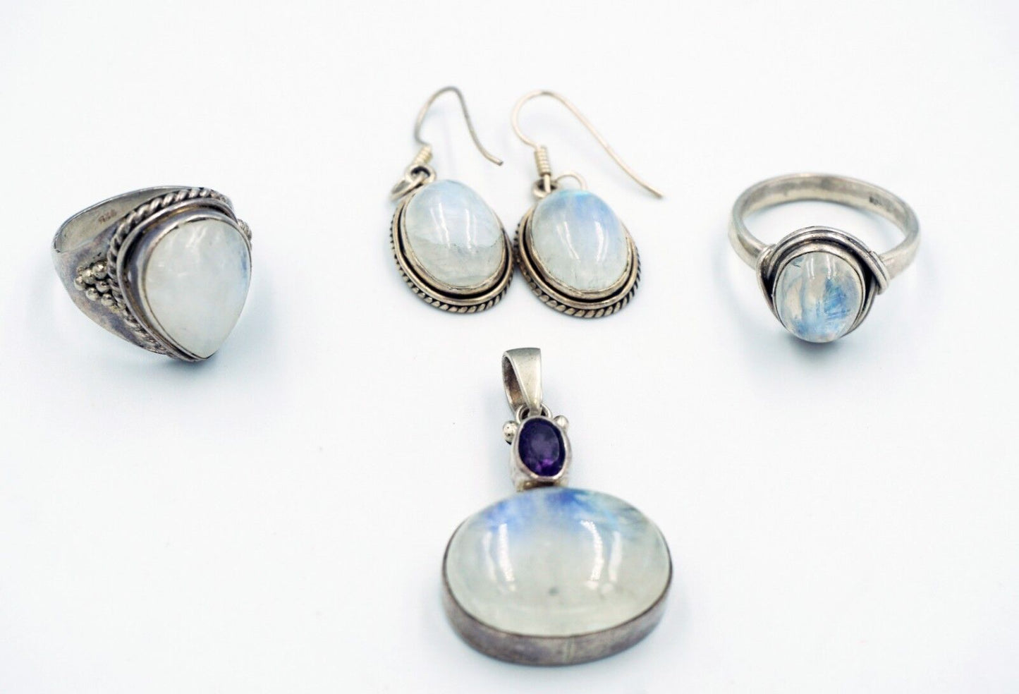 5Pc Sterling Silver & Moonstone Rings Sz.8, Pendant & Earring Mixed Group (Tra)