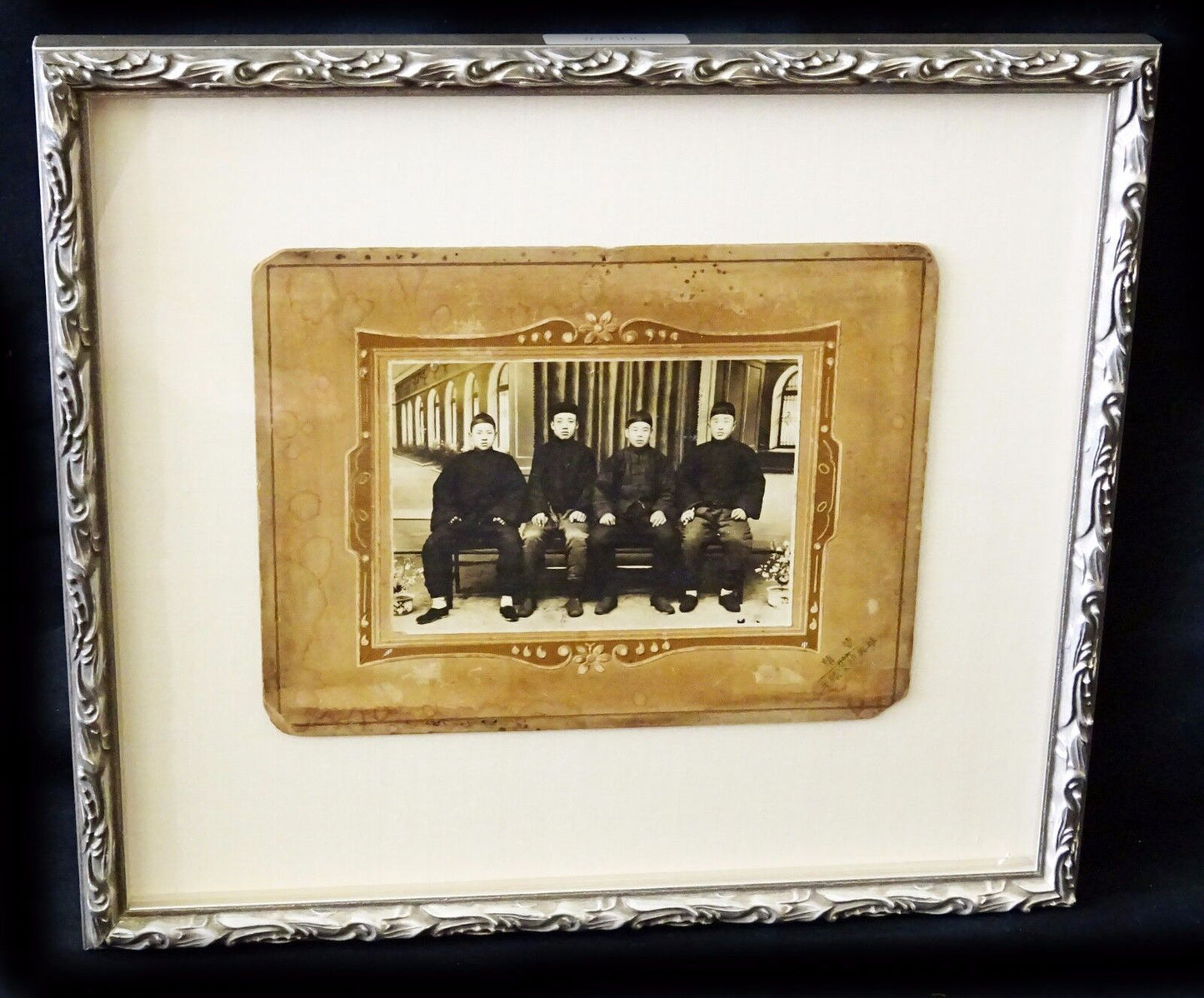 1900 Chinese Framed B&W Photo "Four Seated Young Men" by marked (Mil) #7800