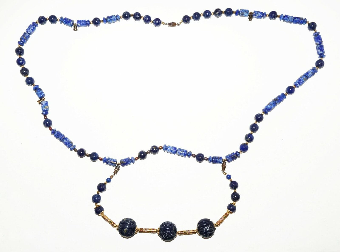 Chinese Lapis Lazuli Bead Necklace & Bracelet w. Plain & Carved Beads (HaY)#19