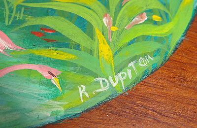 1980s Haitian Mahogany Covered Box w Painted Pelican Motif by R. Dupiton (Stea)