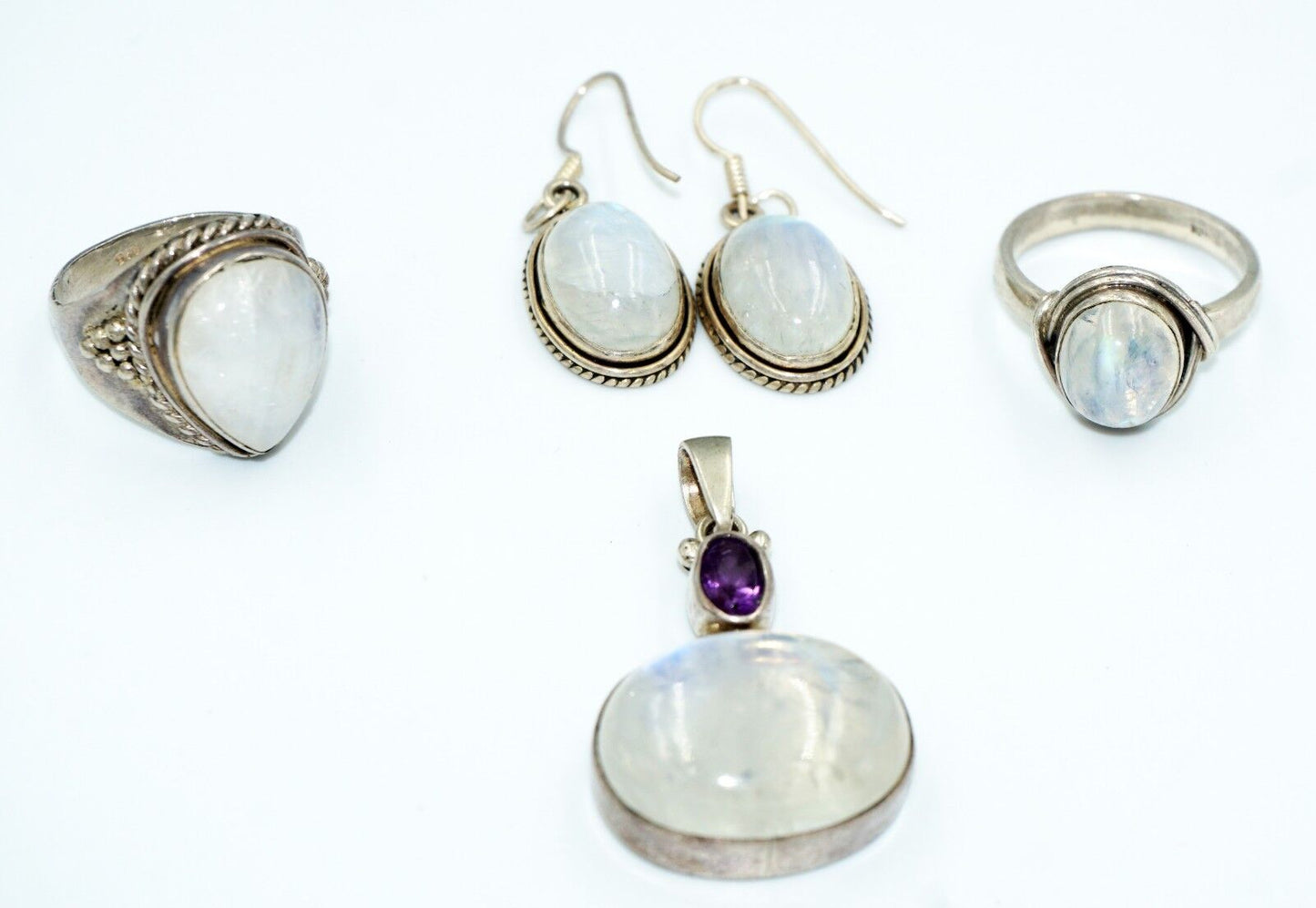 5Pc Sterling Silver & Moonstone Rings Sz.8, Pendant & Earring Mixed Group (Tra)