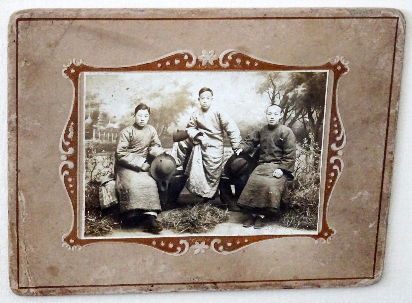 1900 Chinese Framed B&W Photo "Three Brothers in Robes" by unmarked (Mil)