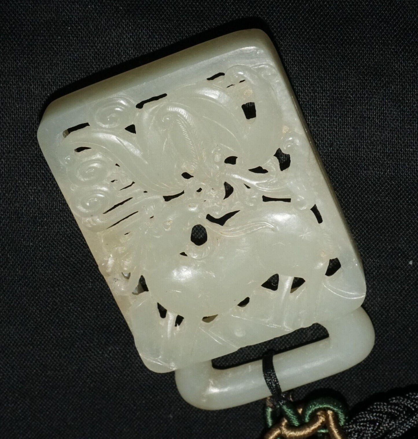 18C Chinese Grey Green Nephrite Jade Pierced Belt Buckle Deer & Bat (LeS)L23