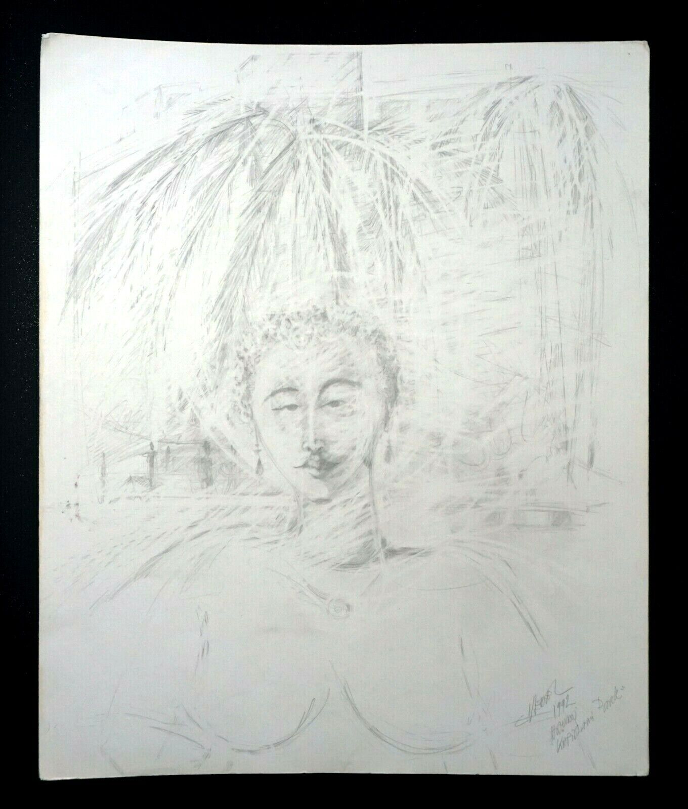 France Hawaii Outsider Art Pencil Drawing Female Figure by Claude Vedel (EtJ)#3