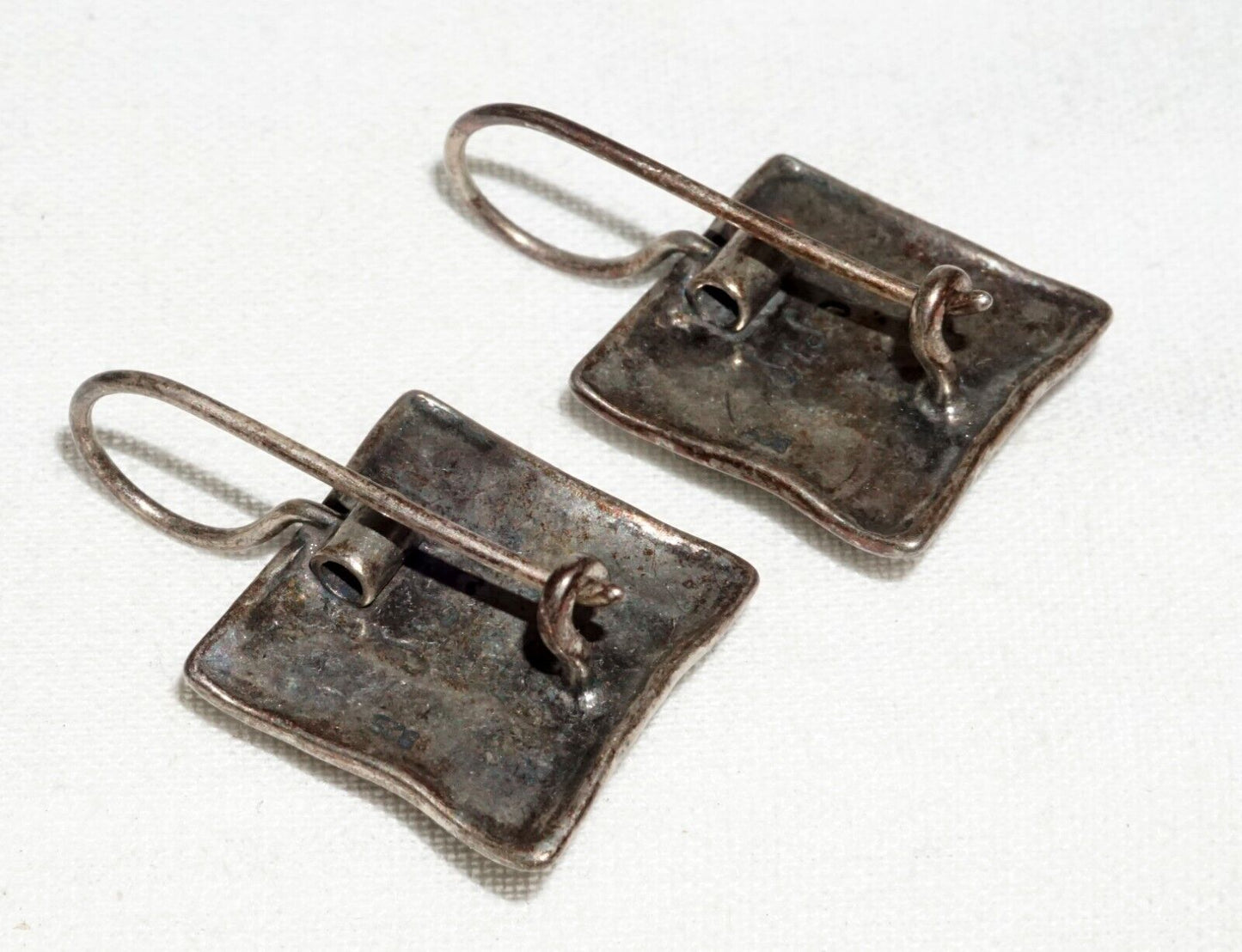 Vintage Sterling Silver Pierced Ear Earrings w. Square Turquoise Accents (---)