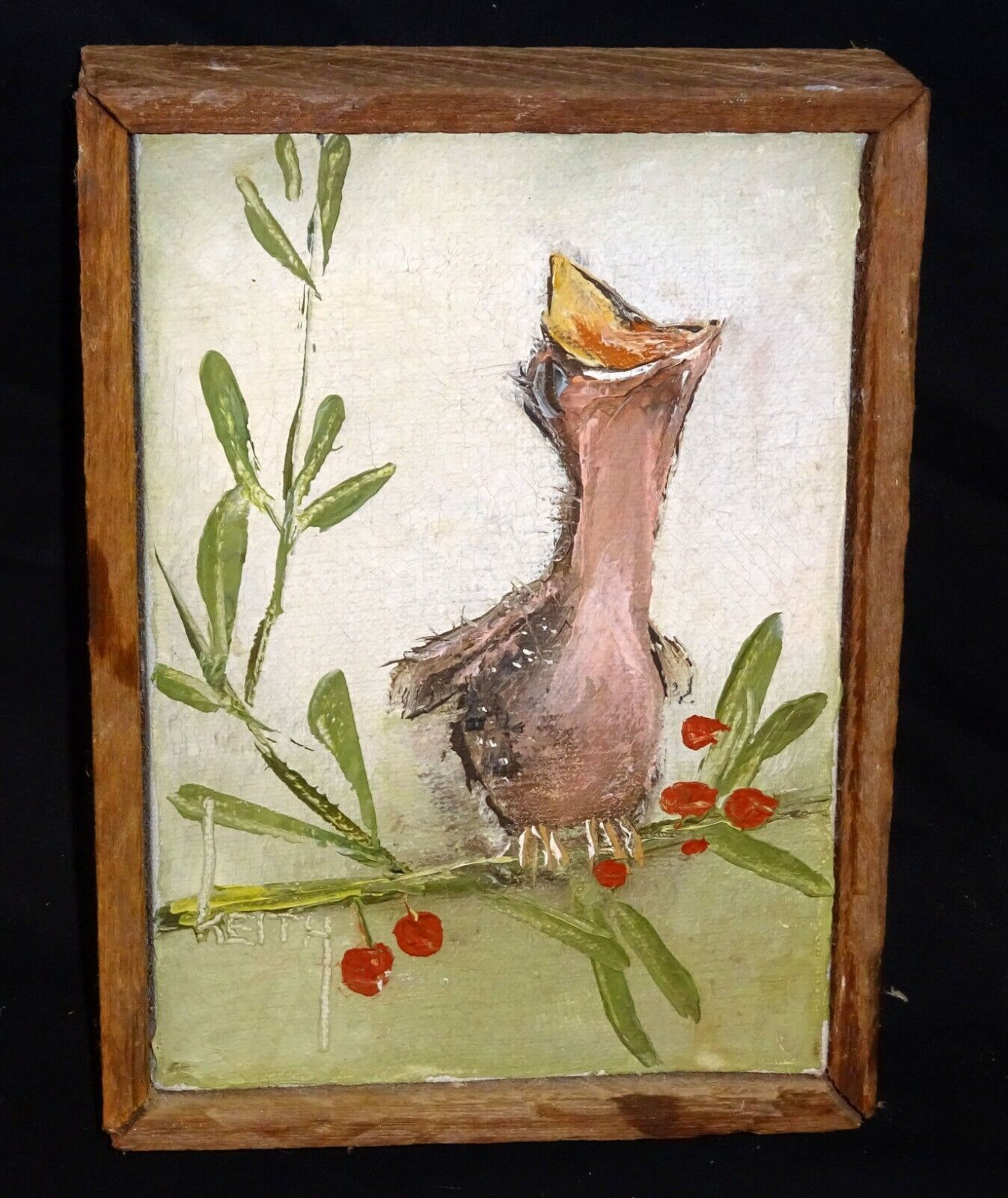 Vintage Mini Oil Painting "Screaming Fledgling Bird on a Branch" by Keith (ThB)