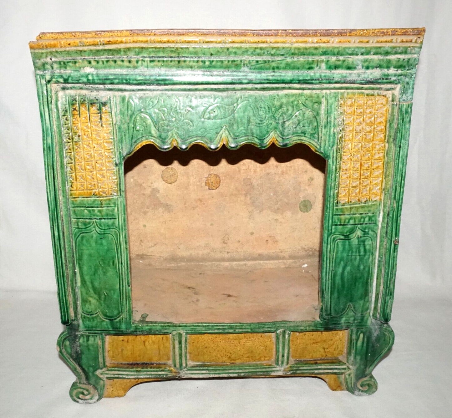 Antique Chinese Ming Green & Yellow Glazed Stoneware Mini Bed in Box (UVi)#11 IC
