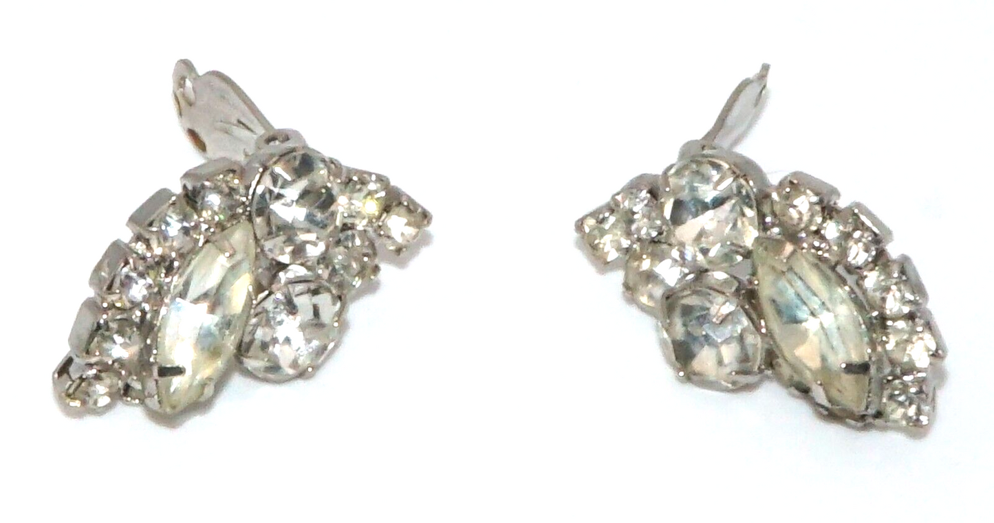 Vintage Silver tone Rhinestone Clip On Earrings w Round & Marquise Stones (McC)