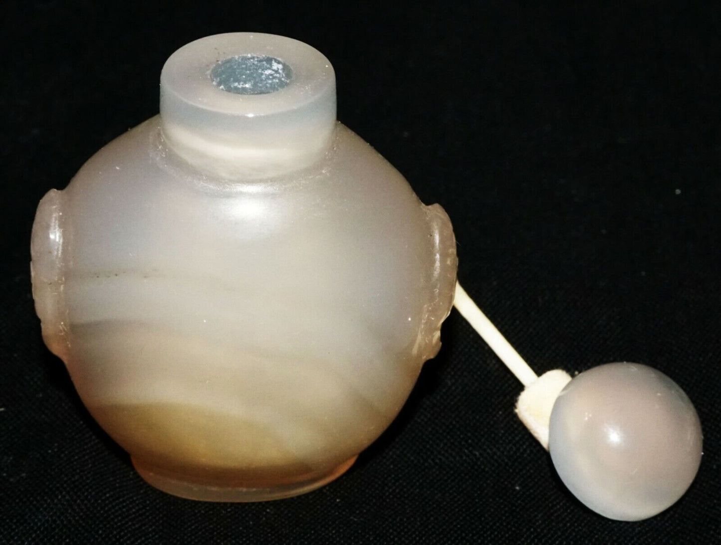 Vintage Chinese Agate Carved Snuff Bottle w. Mask Handles & Stopper (LeS) G2