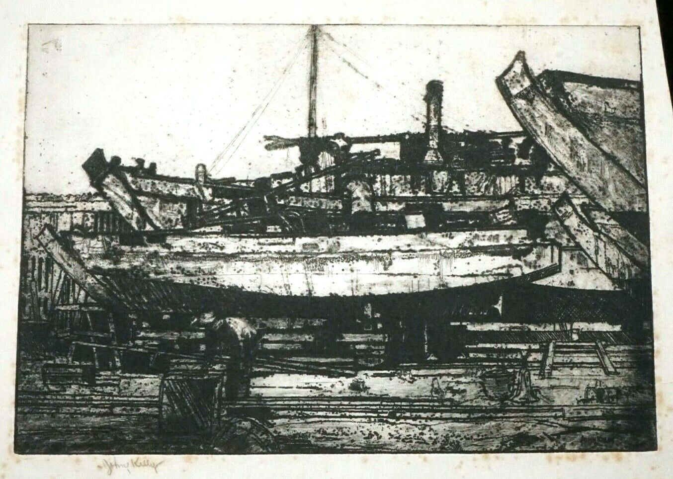 30s Hawaii Etching Print Dry Dock Boats by John Melville Kelly (1879-1962)(Kel)