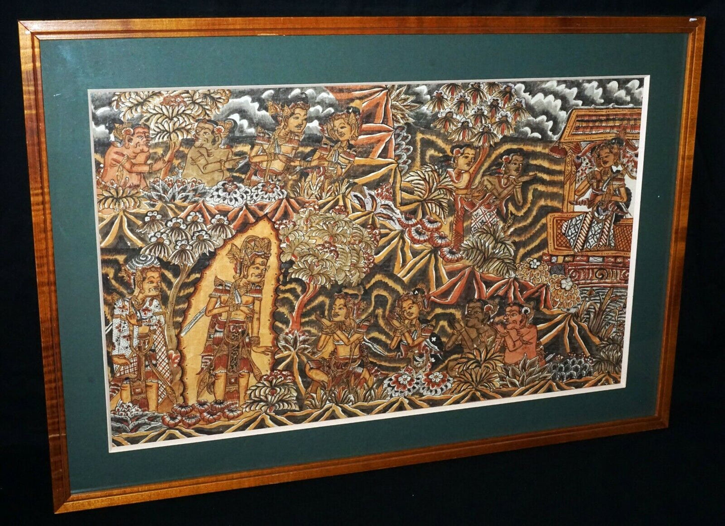 40s Balinese Koa Framed Folk Painting "Figures & Temples" unsigned (AsL)