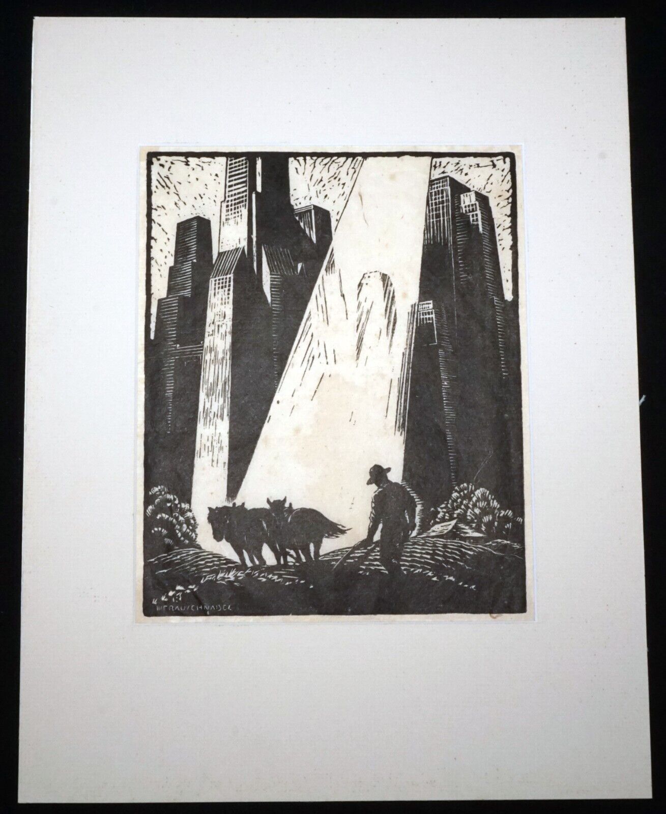 1940s US Lino Cut Print "Old & New" William Fredrick Rauschnabel (1883-1947)(FeH