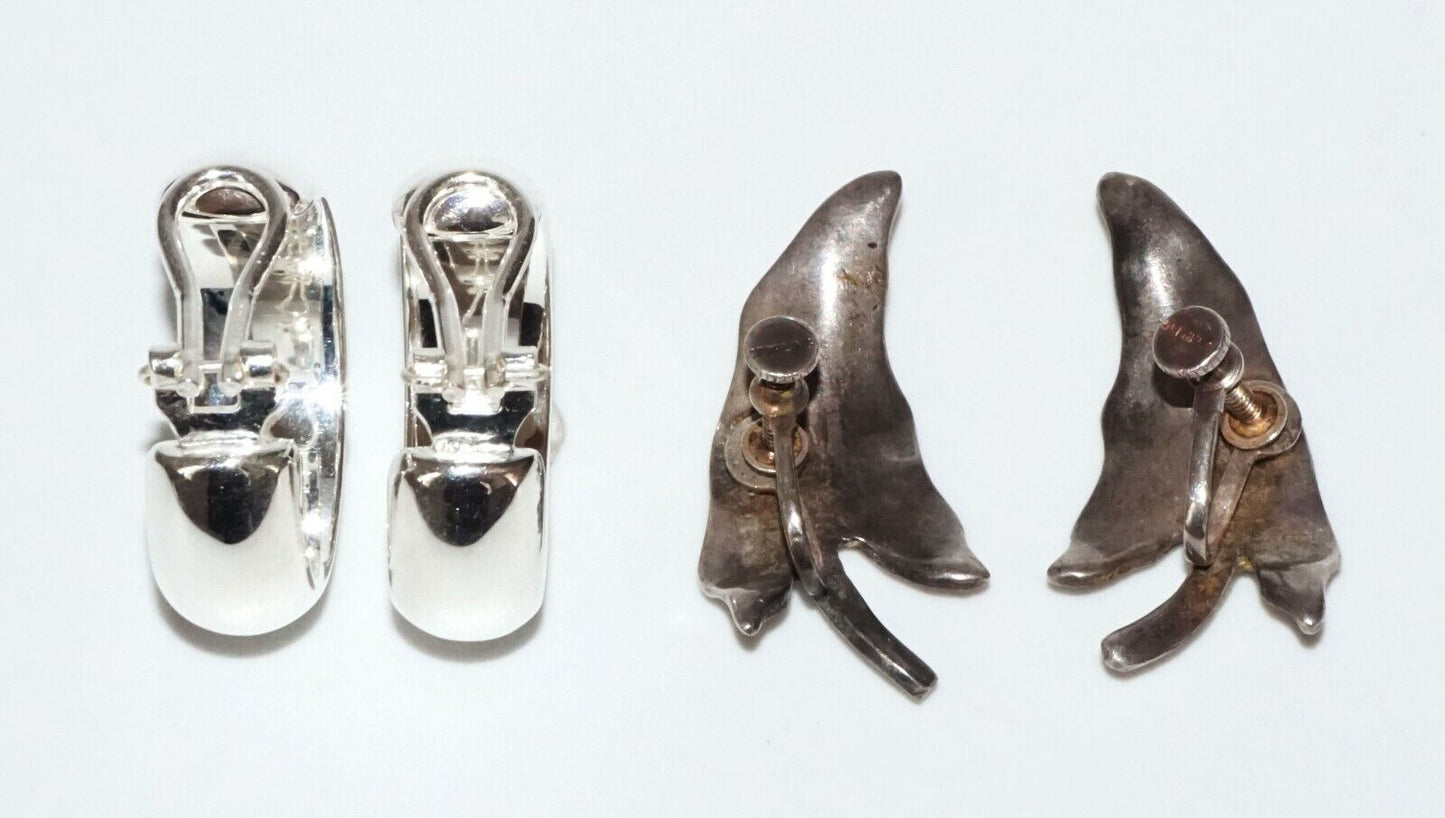 2x Pairs Vintage Sterling Silver Hoop & Leaf Motif Clip on Earrings (SaR)#382