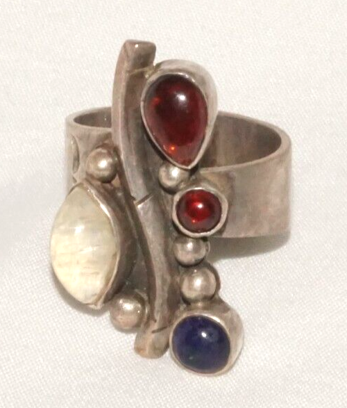 Vintage Sterling Ring Accented w Tanzanite, Garnet & Moonstone Adjust Sz (LoC)L2