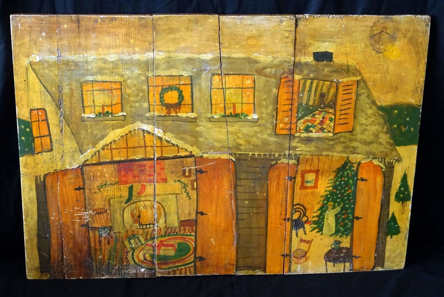 Vintage Naive Folk Art Painting on Boards Christmas Home w. Tree unsigned (HoL)