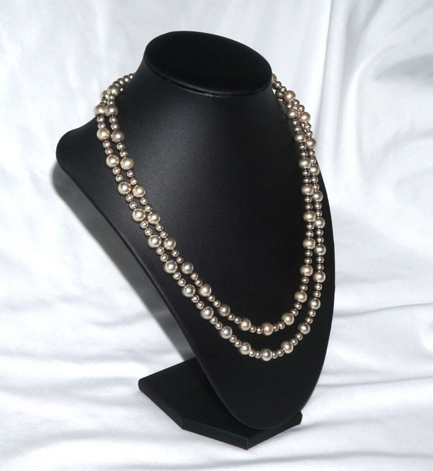 Vintage Silver Dark Tone Beaded Necklace w Fish Clasp - 40 inches (QuC)