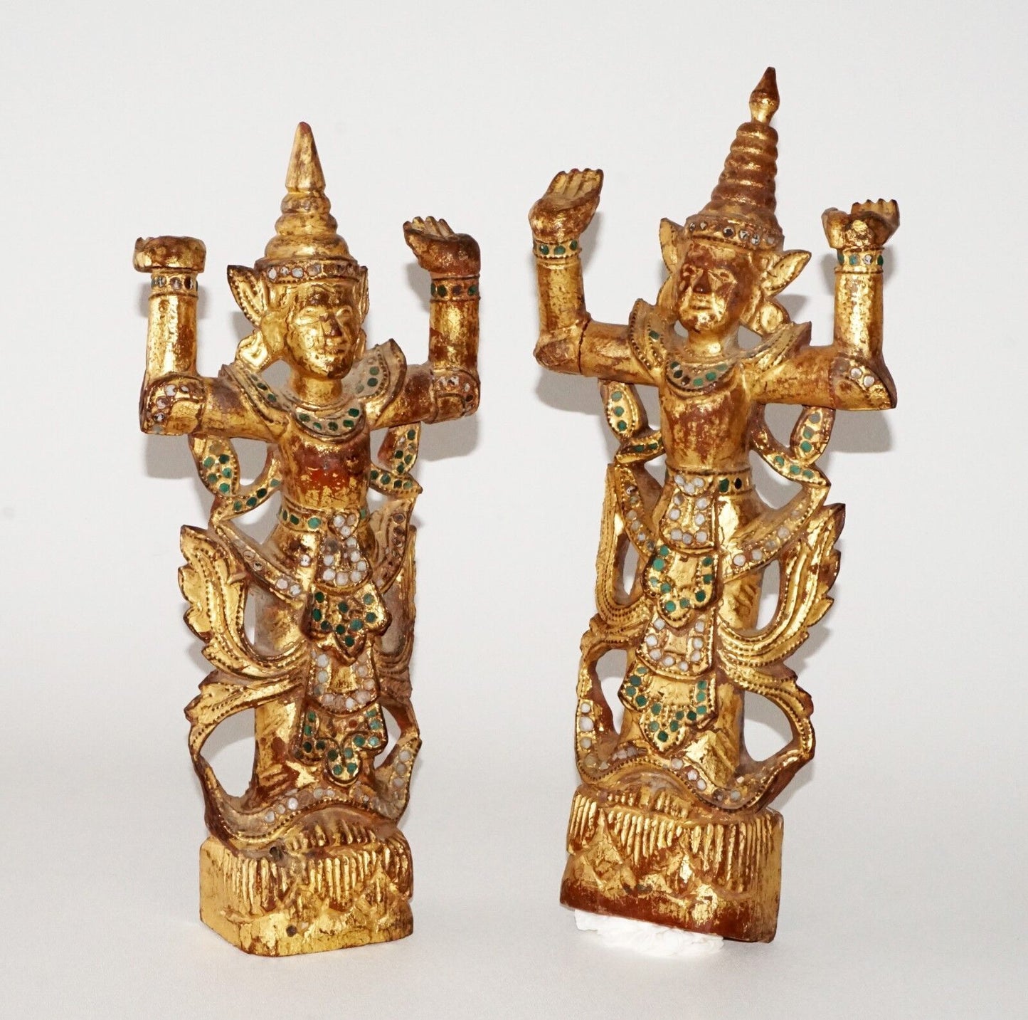 Pair 20C Thai Gilt Wood Celestial Figures Sculptures w. Glass Accents (Kas)