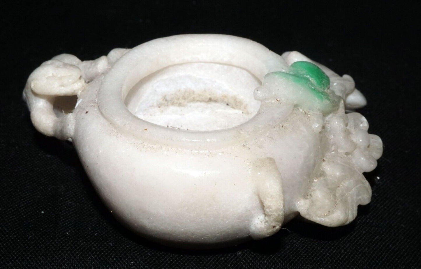 Vintage Chinese White & Apple Green Jade Mini Brush Washer Dragon Bird (LeS) G11