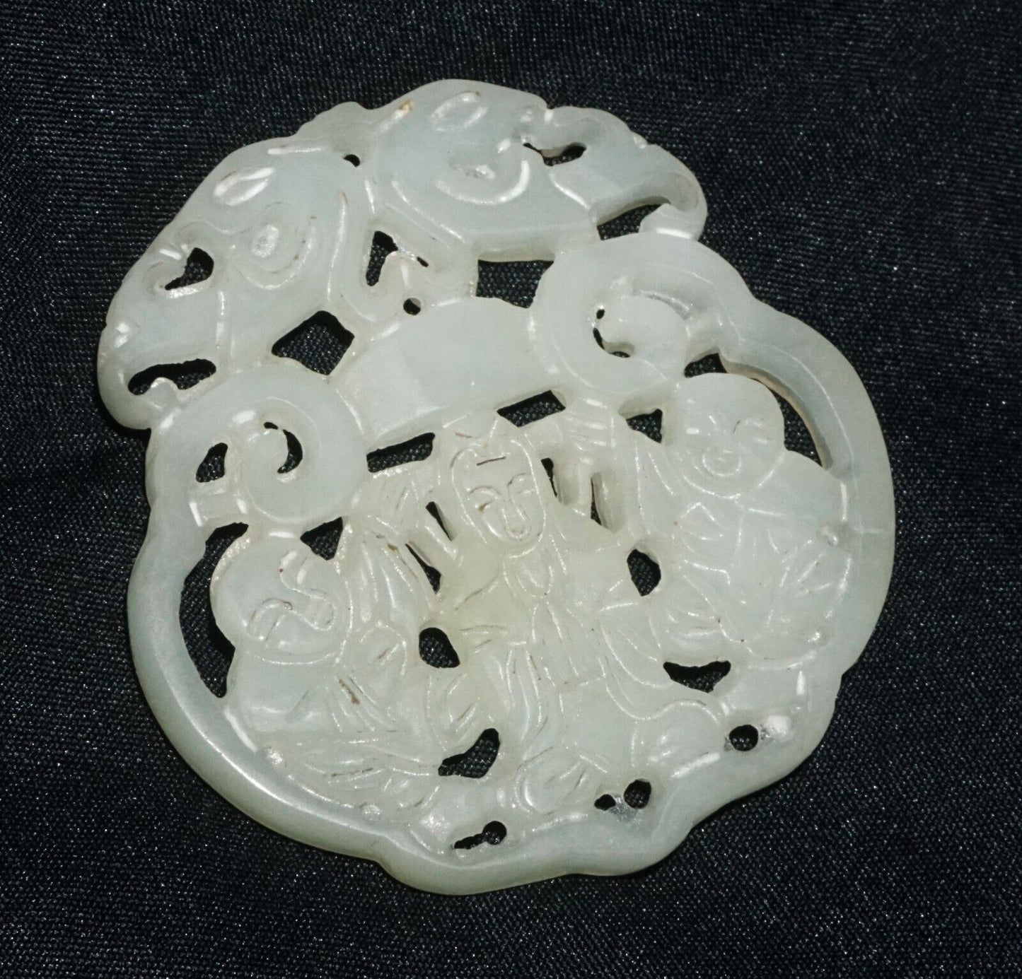Antique Chinese Nephrite Jade Pierced Pendant Kwan Yin & Twin & Bat Motifs (---)