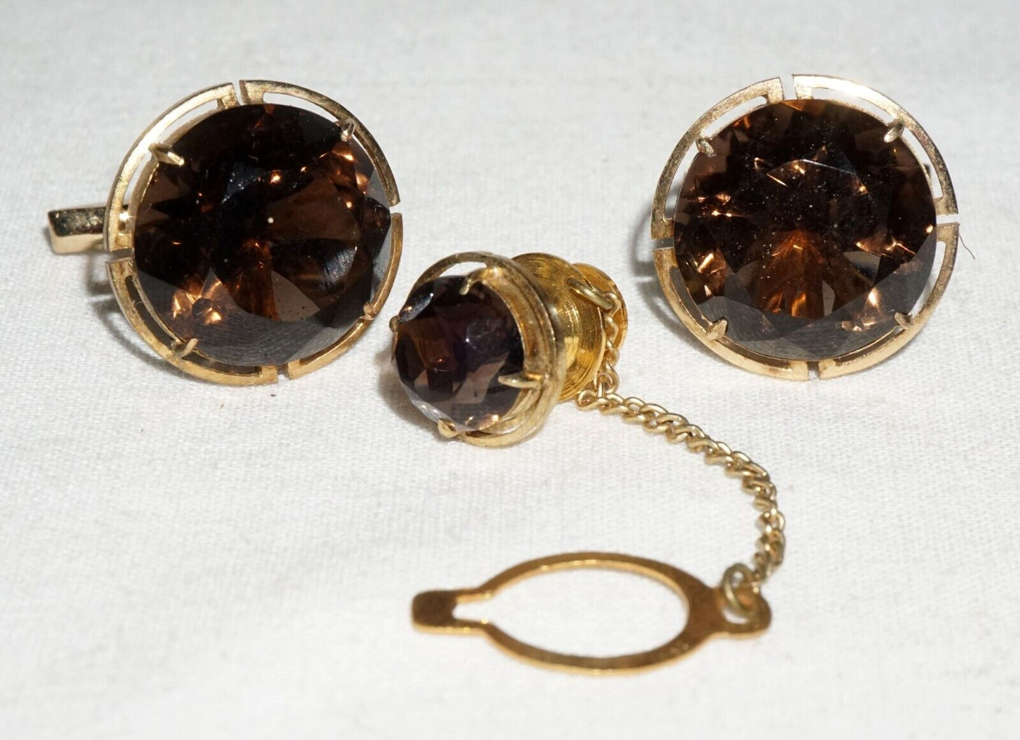 3Pc Vintage Gold Plated Silver Cufflinks & Tie Tack w. 3x Smokey Quartz (---)