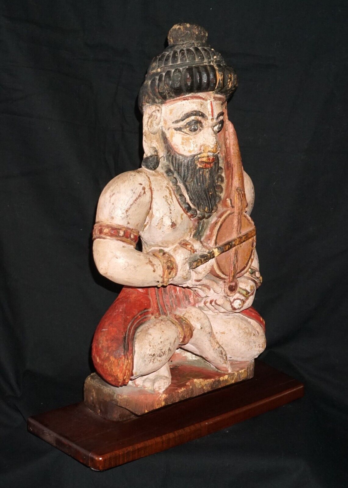 Antique Indian Hand Carved & Painted Wood Figurine of a Temple Musician (HiC)
