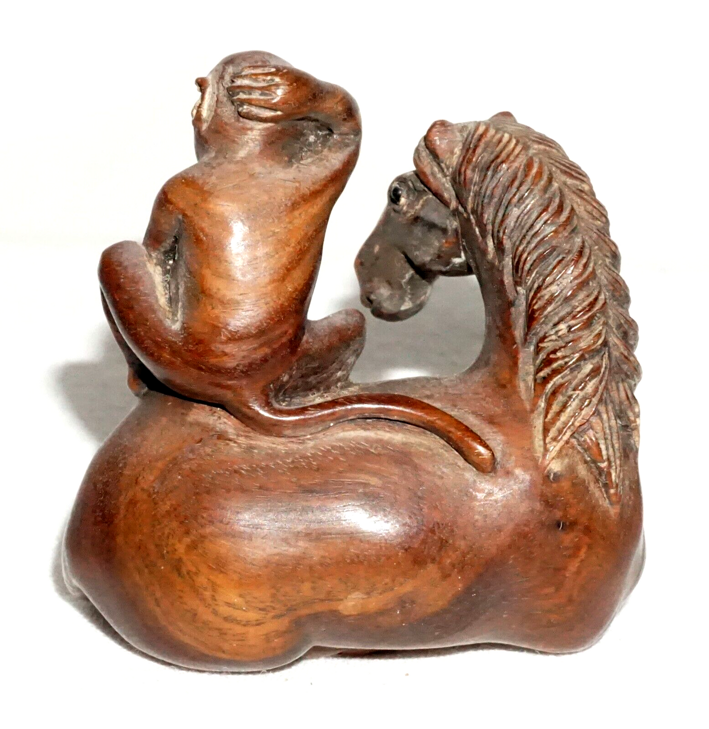 Vintage Japanese Carved Wooden Netsuke Monkey Seated on a Horse signed (FeH