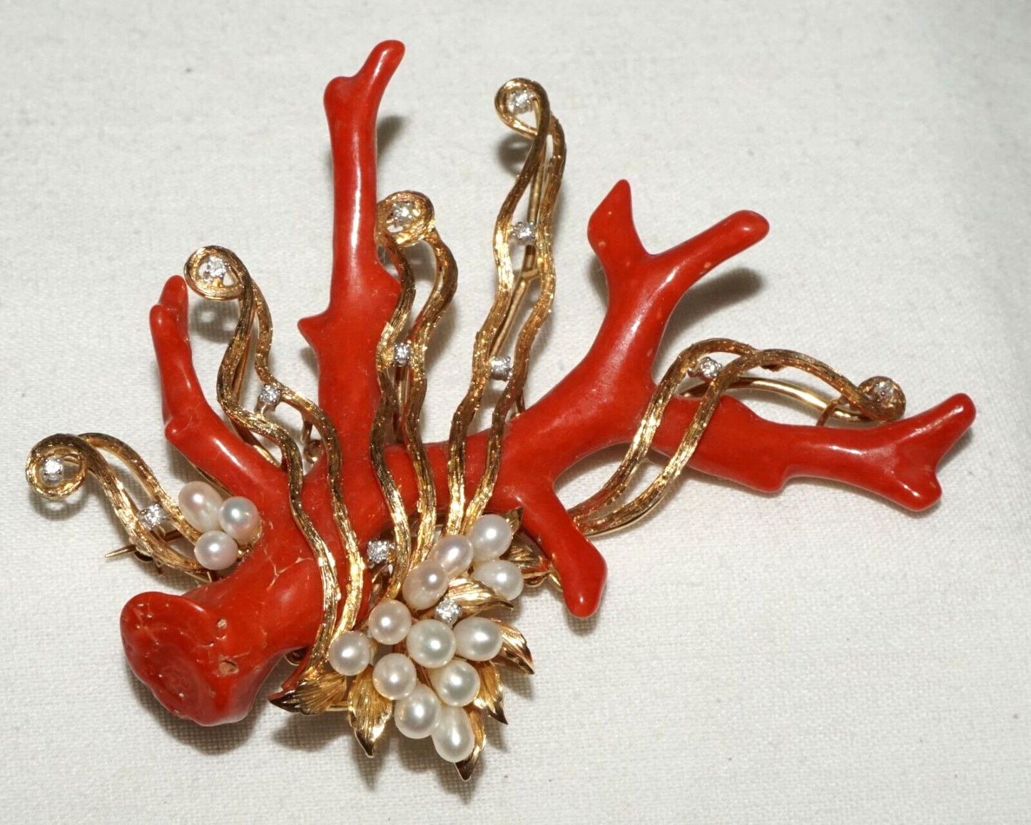 Vintage HK 14K Yellow Gold Brooch Pendant w Coral Branch Pearls & Diamonds (PaS)