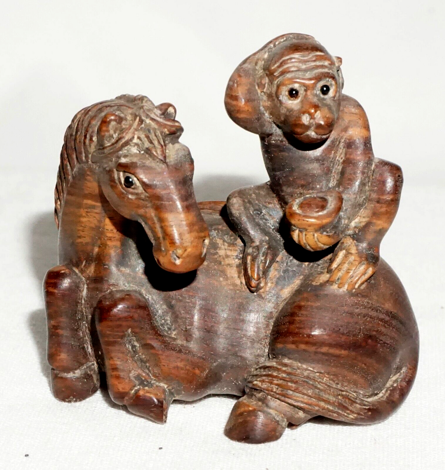 Vintage Japanese Carved Wooden Netsuke Monkey Seated on a Horse signed (FeH
