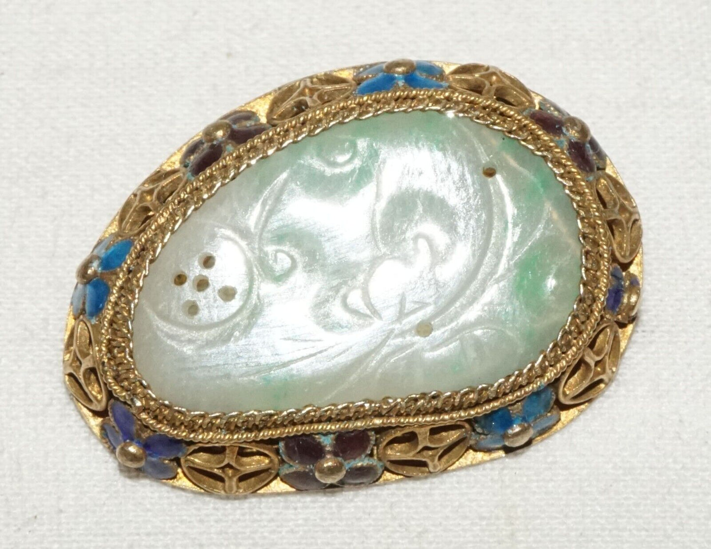 Antique Chinese Silver Filigree & Enamel Brooch set w. Jadeite Jade (InS)#L1-3
