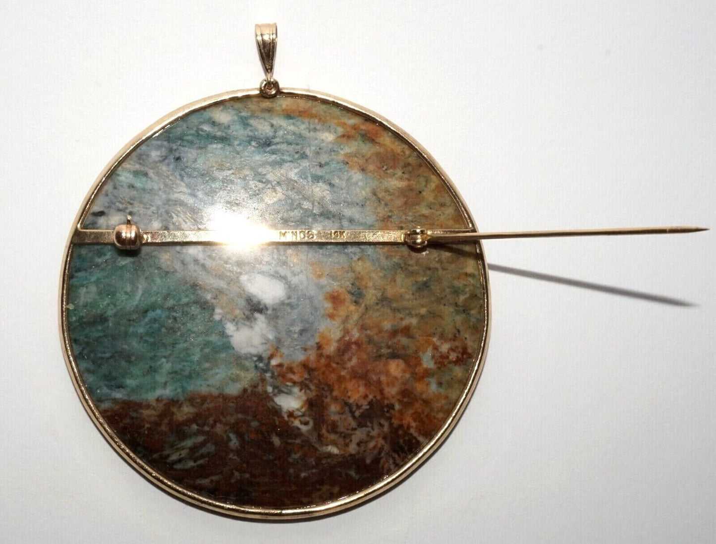 Chinese 14K Yellow Gold Brooch Pendant w. Picture Jade Disk by Ming's (LeS) G10
