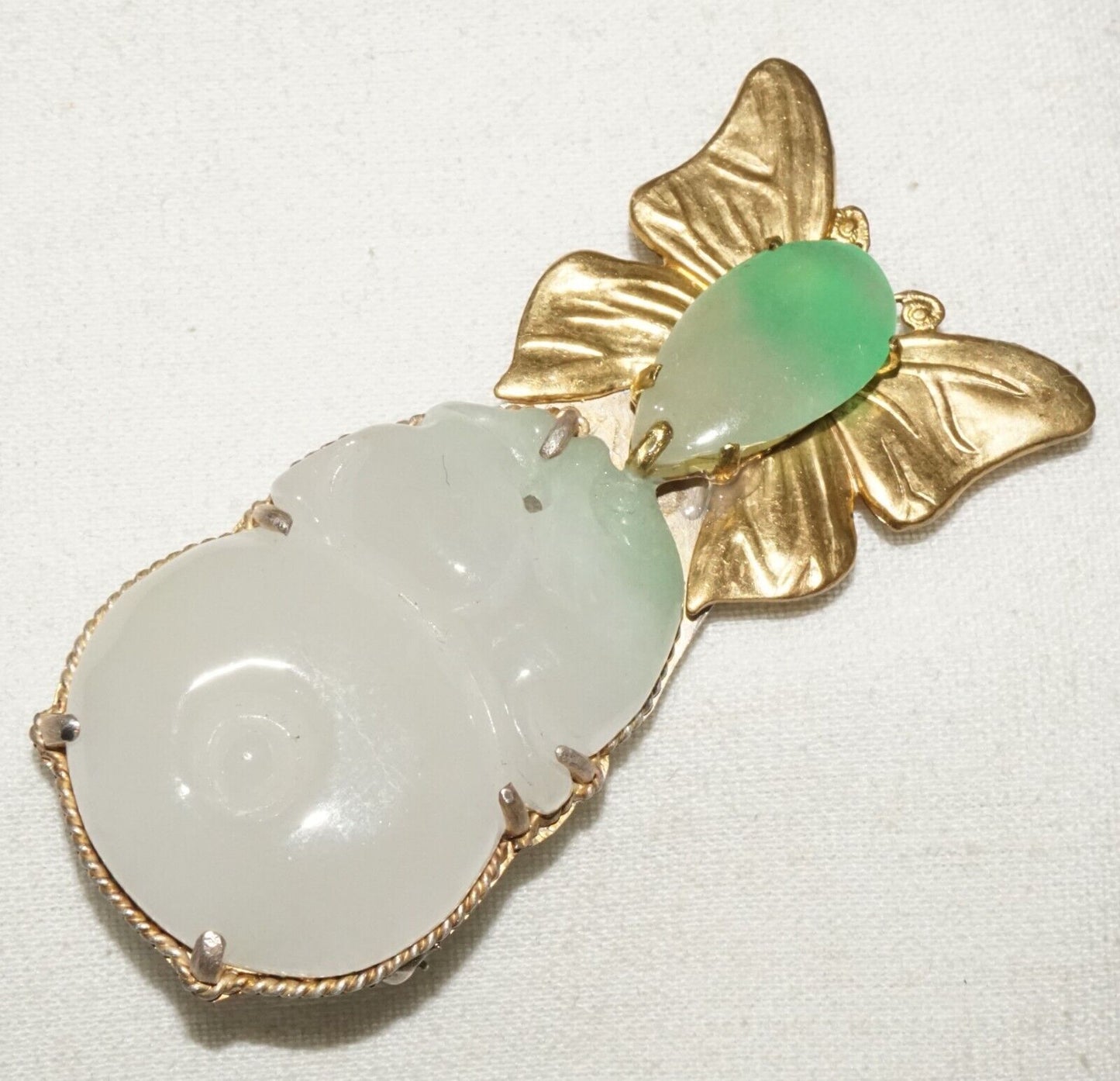 Vintage Chinese Fashion Jadeite Jade Butterfly Motif Brooch Pendant (LeP)