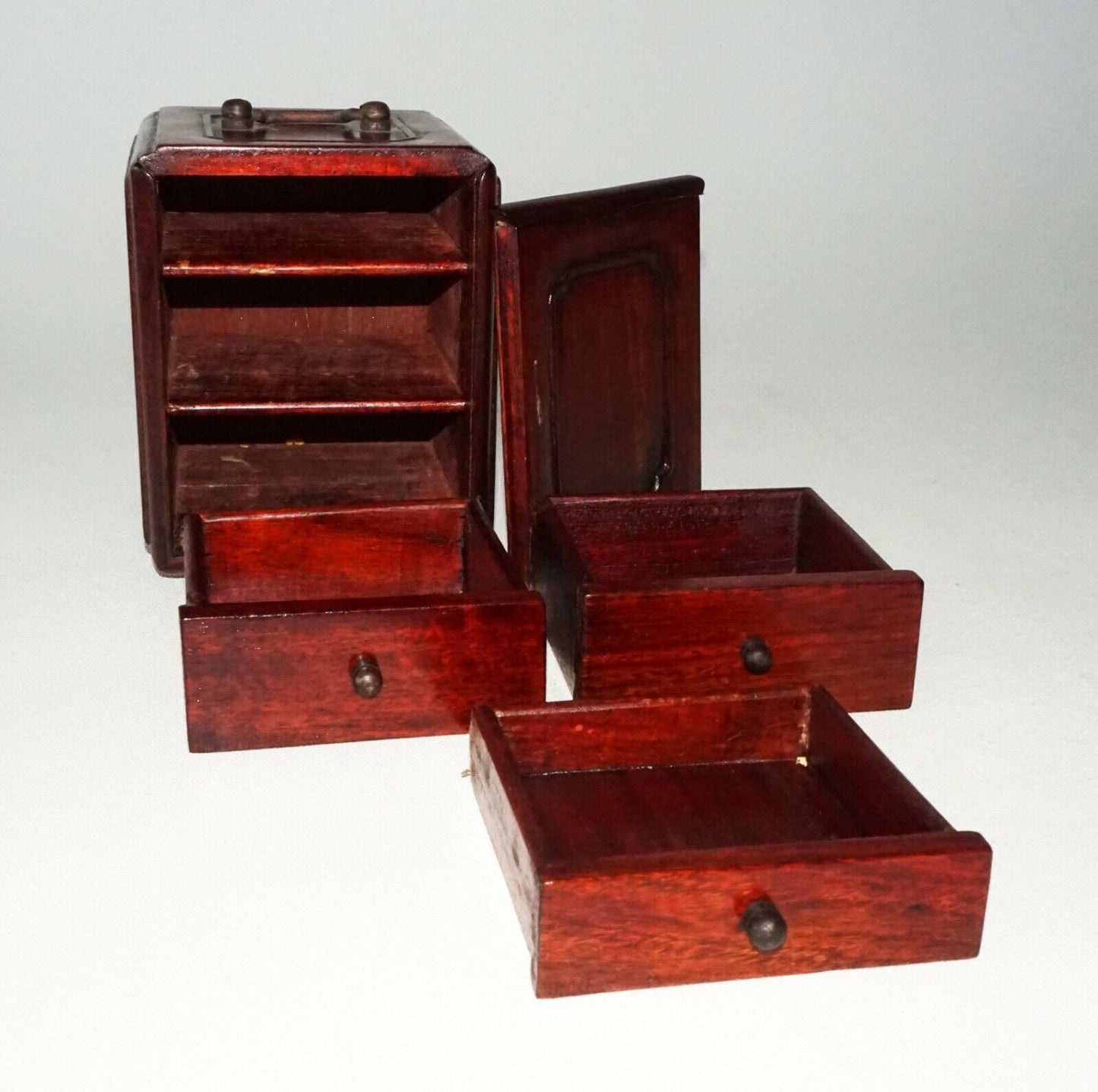 20C Chinese Hardwood 3x Drawer Mini Travel Chest w. Handle (CWo)