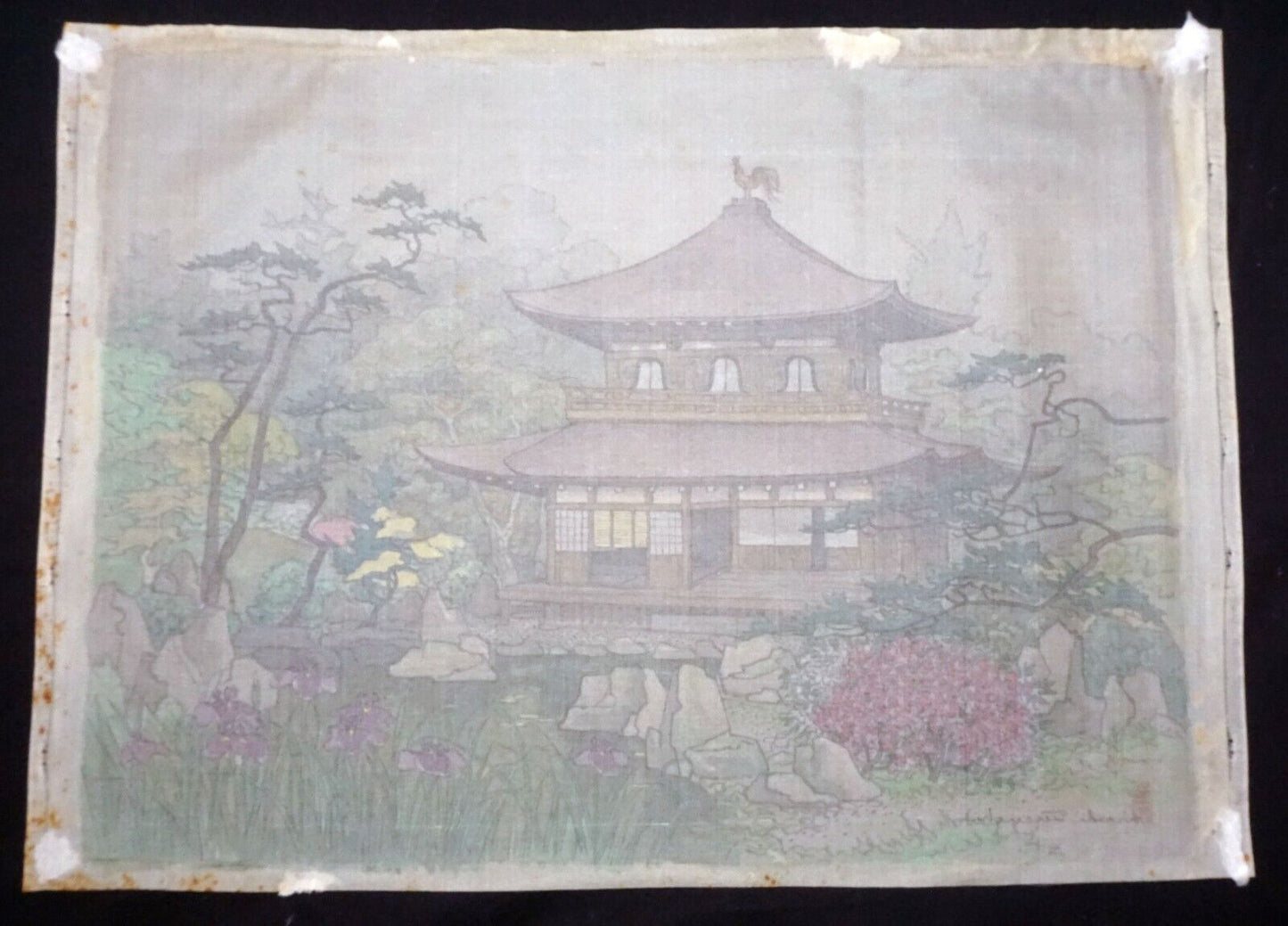 1950s Japanese Watercolor Silk Painting Golden Pavilion Hiroshi Terauchi (KiL)43