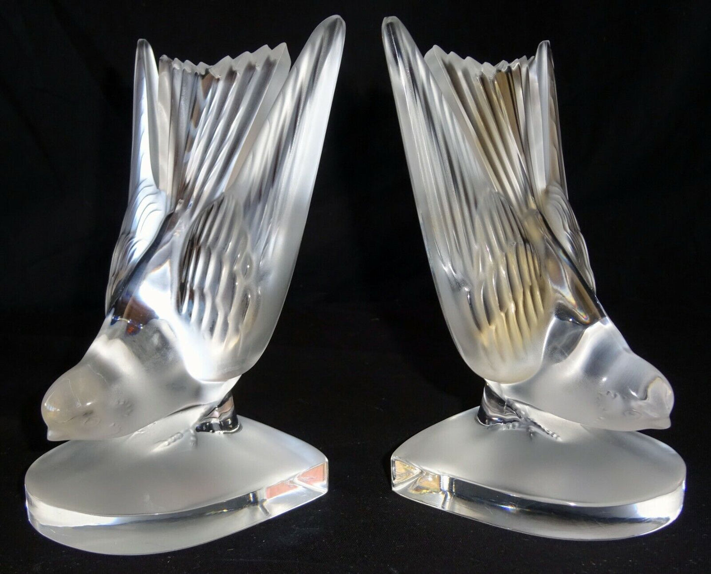 Vintage Pair French Frosted Crystal Dove Bookends Sculptures by Lalique (MeG)