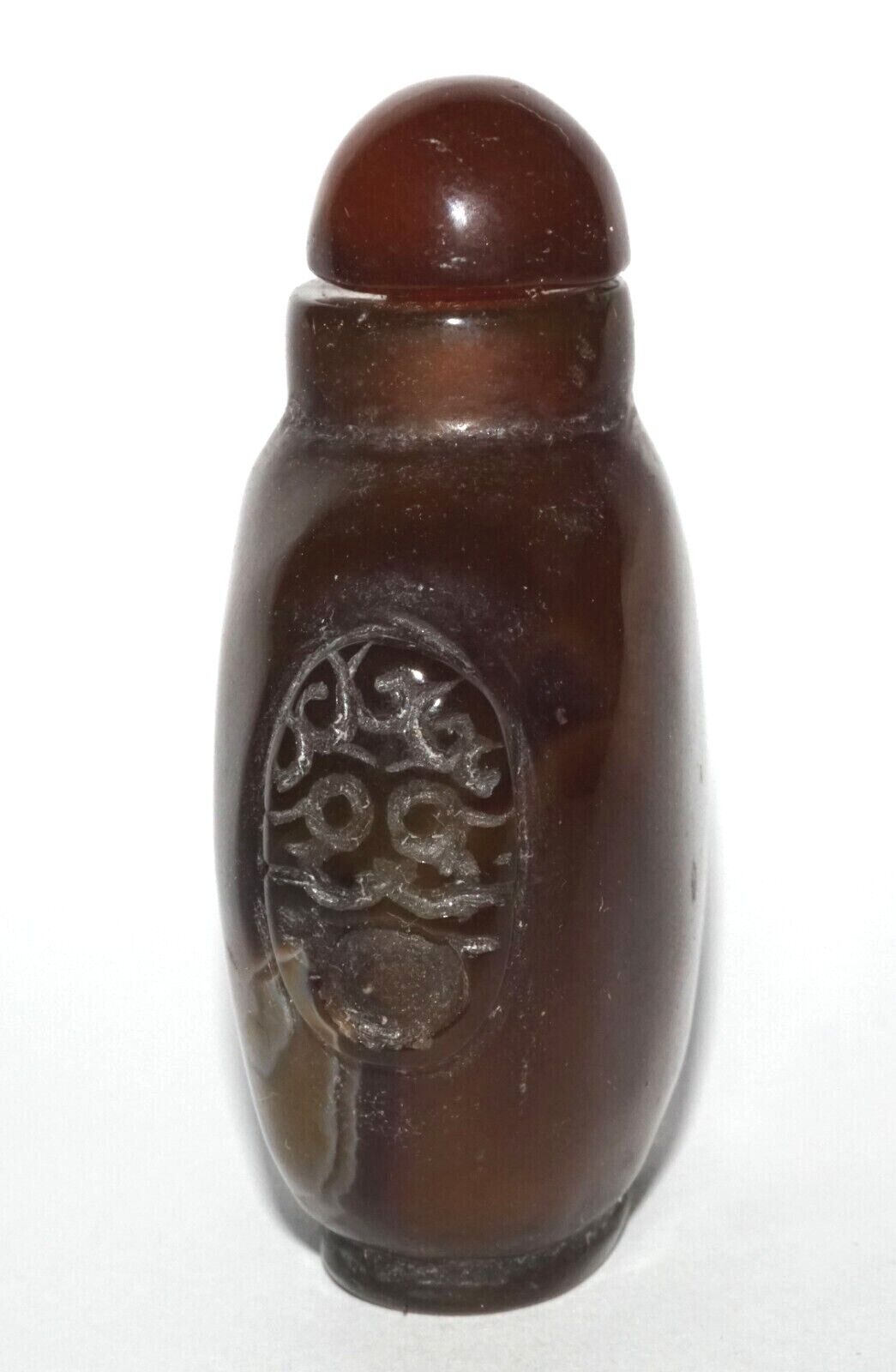 Vintage Chinese Brown & White Agate Carved Snuff Bottle w Mask Handles (LeS) G12