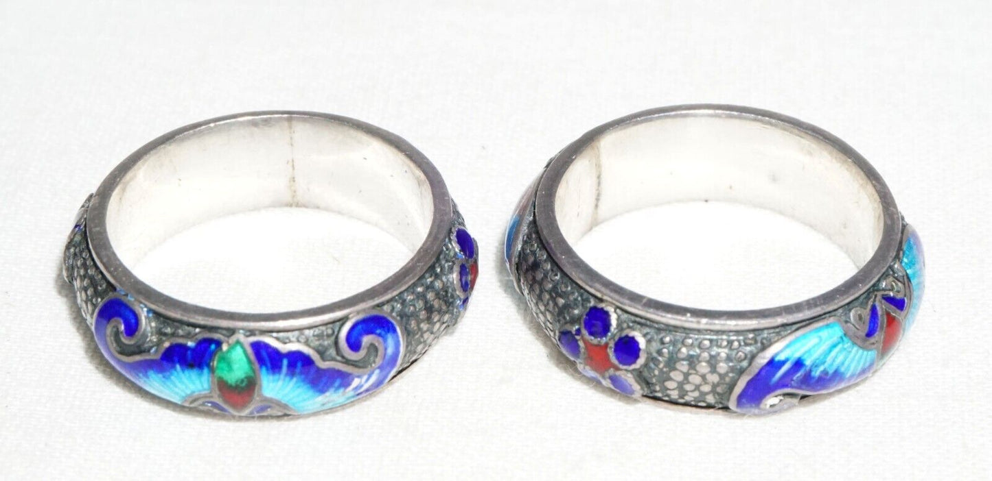 2Pc Chinese Silver & Multicolor Enamel Rings Sz.5 w. Bat Motifs (---)
