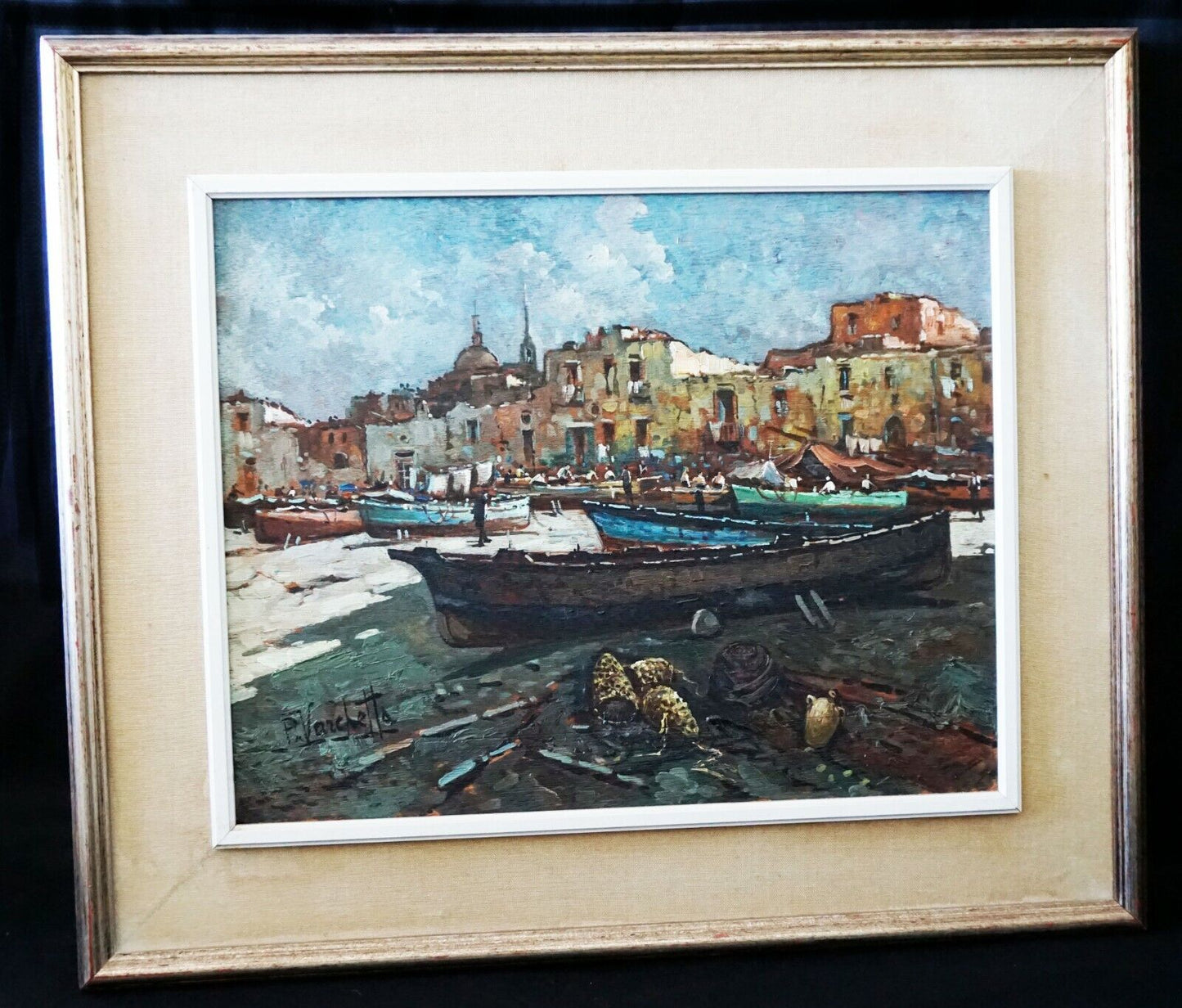 Italian Oil Painting "Fishing Village & Beached Boats" by P. Varchetta (FeO)