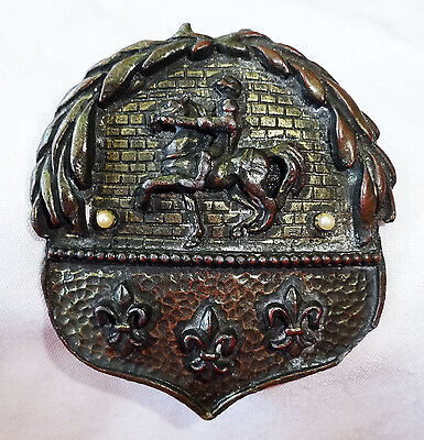 Antique Silver Plated Shield Design Brooch w. Knight & Fleur de Lis Motif (***)