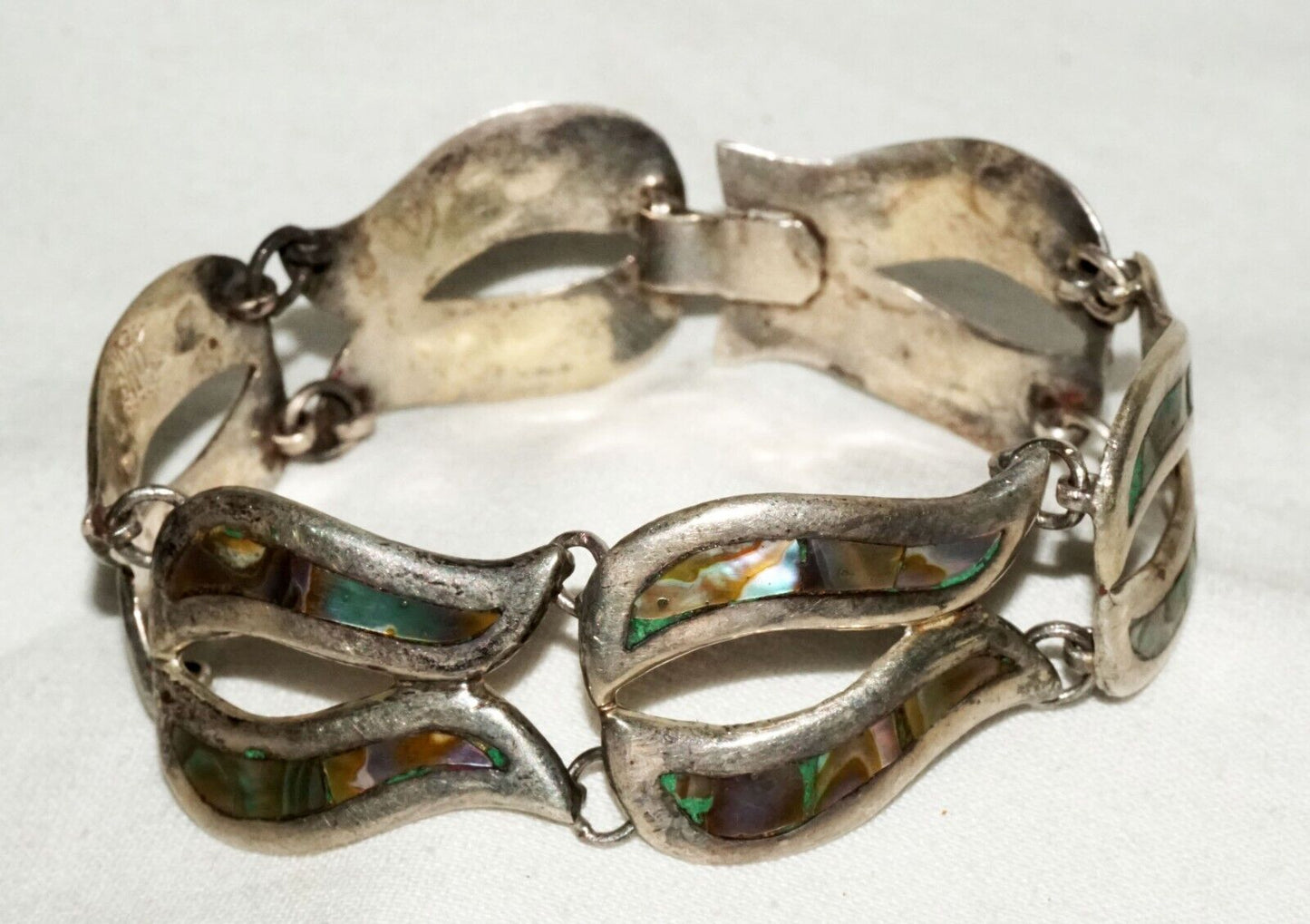 Vintage Mexican Modernist Sterling Silver & MoP Link Bracelet by DHS (TuD)