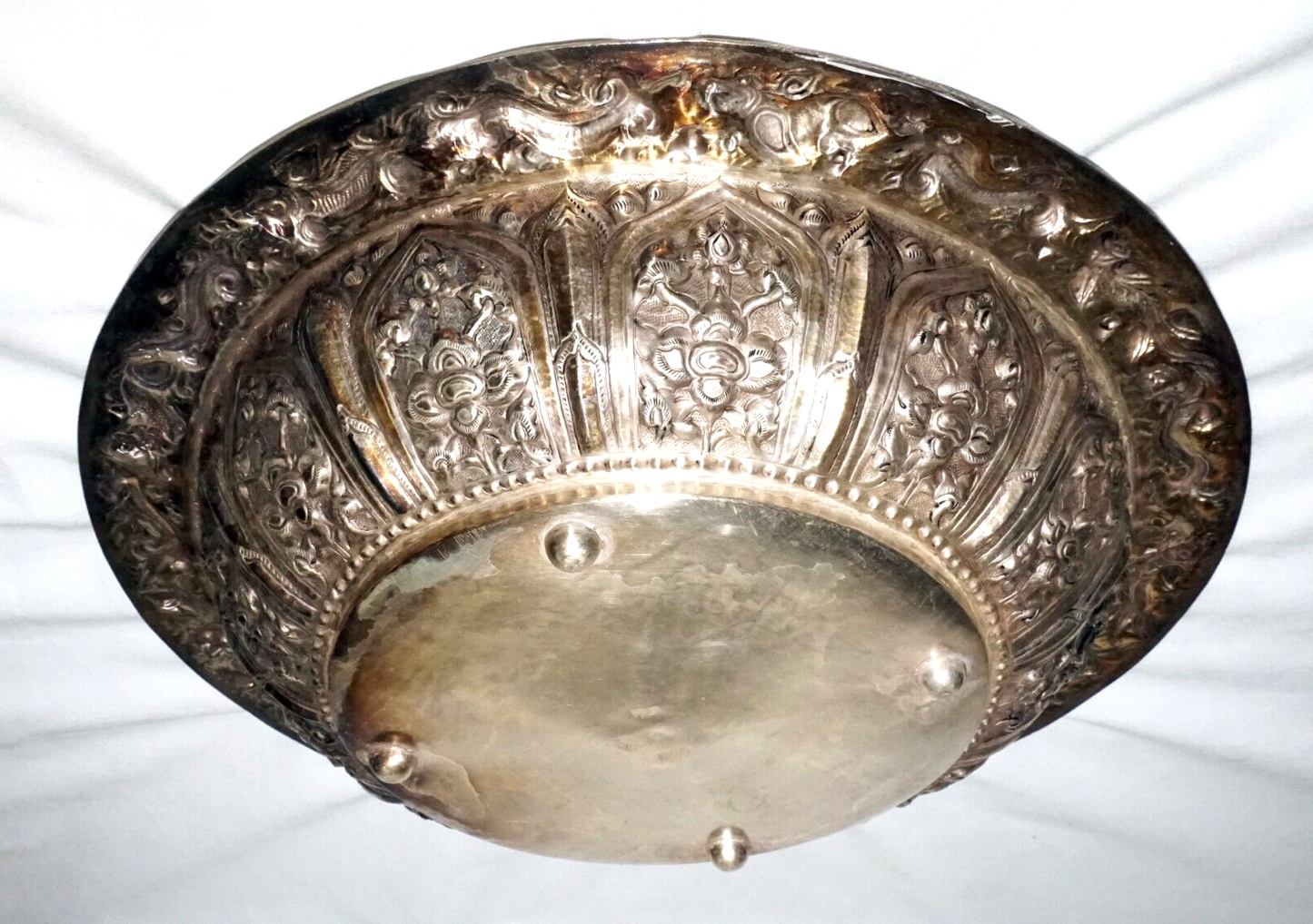 Vintage South East Asian Silver Alloy Deep Dish w. Relief Motifs & Marks (UVi)#7