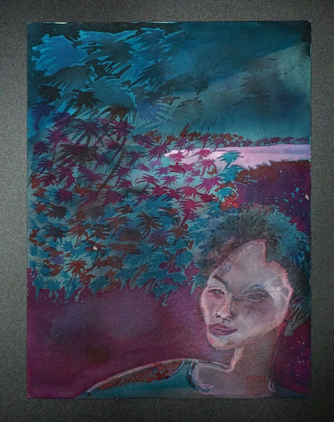France Hawaii Outsider Art WC Painting Windy Night Beach Claude Vedel (EtJ)#69