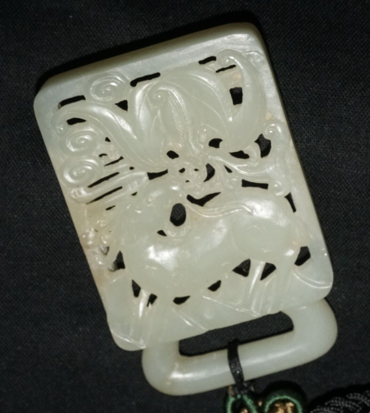 18C Chinese Grey Green Nephrite Jade Pierced Belt Buckle Deer & Bat (LeS)L23
